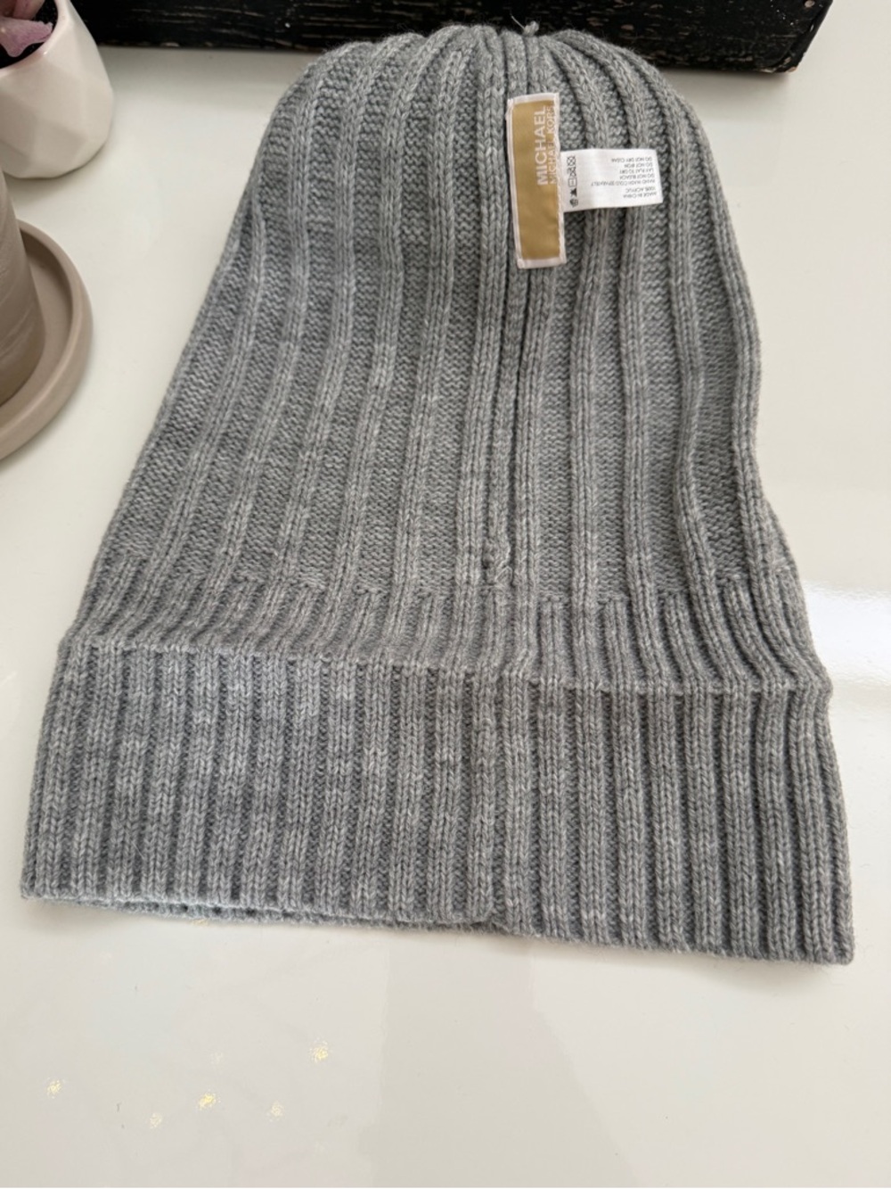 Michael Kors Light Gray Ribbed Pom Pom Beanie - Picture 2 of 4